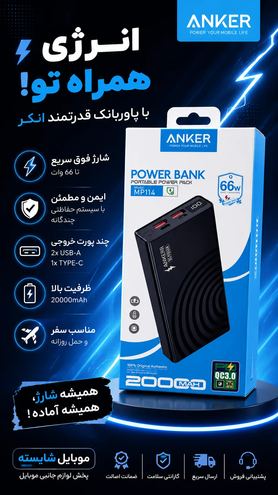 پاوربانک 2۰۰۰۰ میلی‌آمپر ANKER